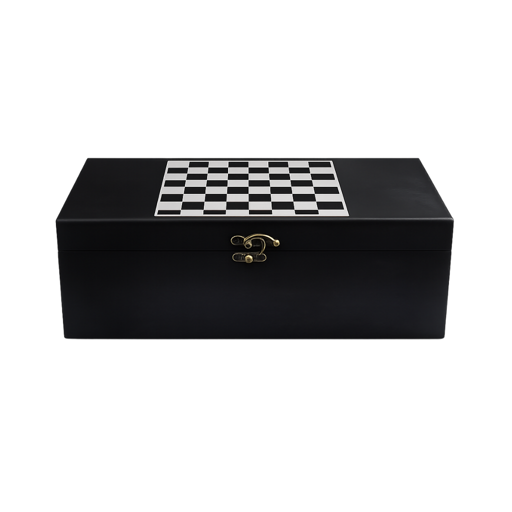 Caja Madera negro 36*11*11 cm para vino con juego de ajedrez