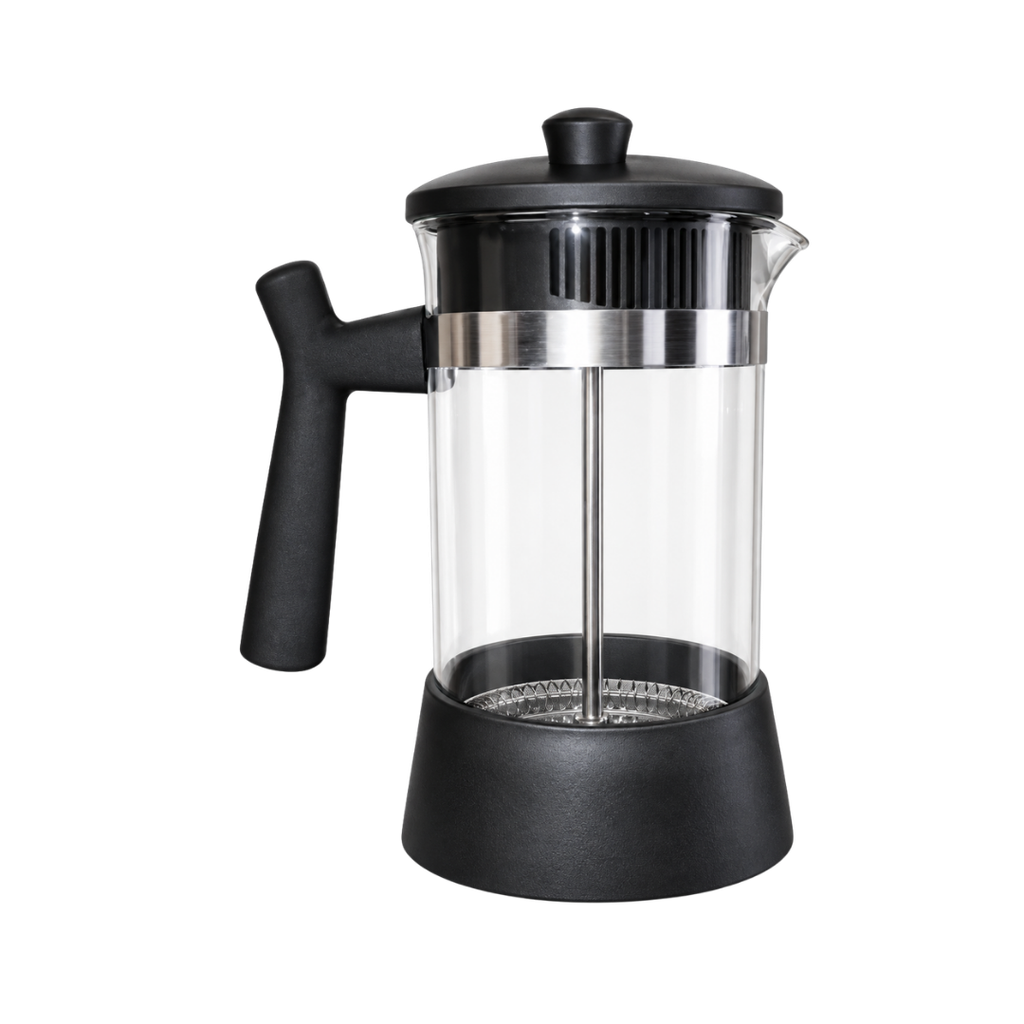 Prensa Francesa Vidrio Transparente 600 ml con base, tapa y agarrador plástico negro