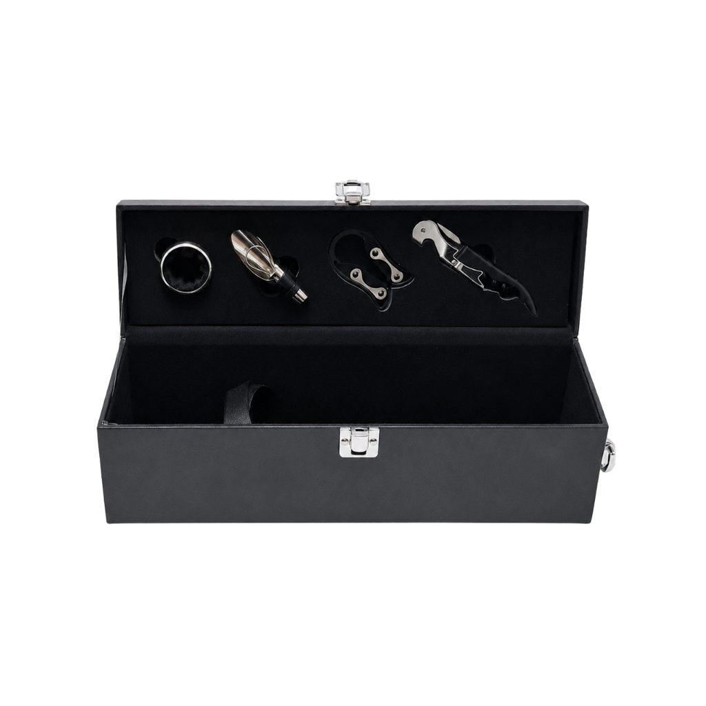CAJA PARA VINO, PU, NEGRO, 36*11*11 cm, CON 4 ACCESORIOS