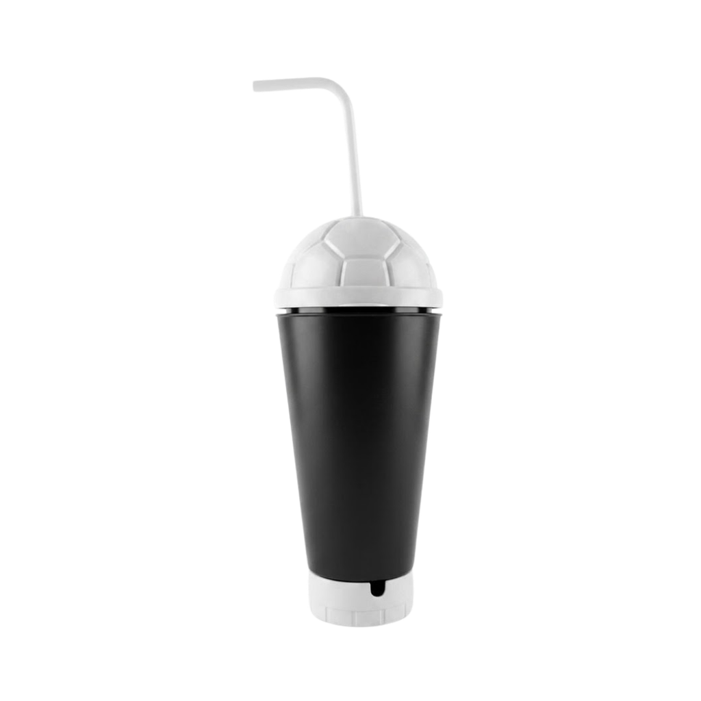 VASO, PLÁSTICO, NEGRO, 600 ml, vuvuzela con tapa como diseño de pelota y pajilla, desmontable