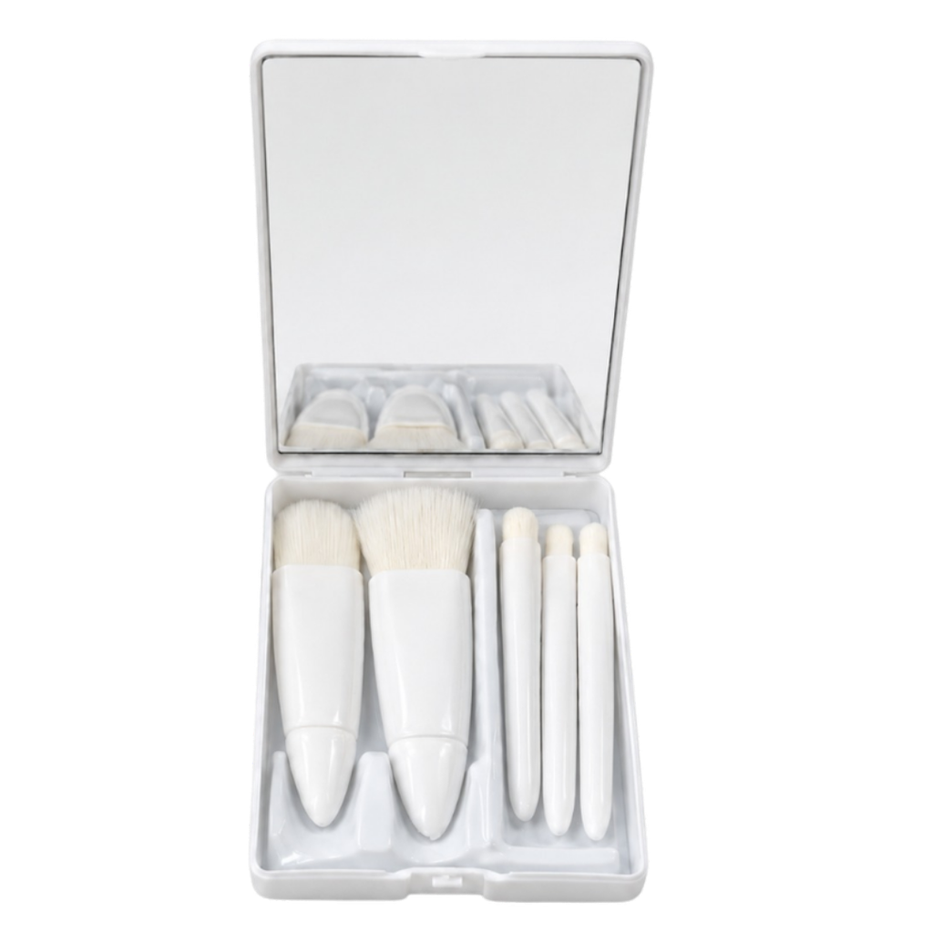 SET DE BROCHAS, PLÁSTICO, BLANCO, 10*7.5 cm, 5 PCS PARA MAQUILLAJE CON ESTUCHE Y ESPEJO