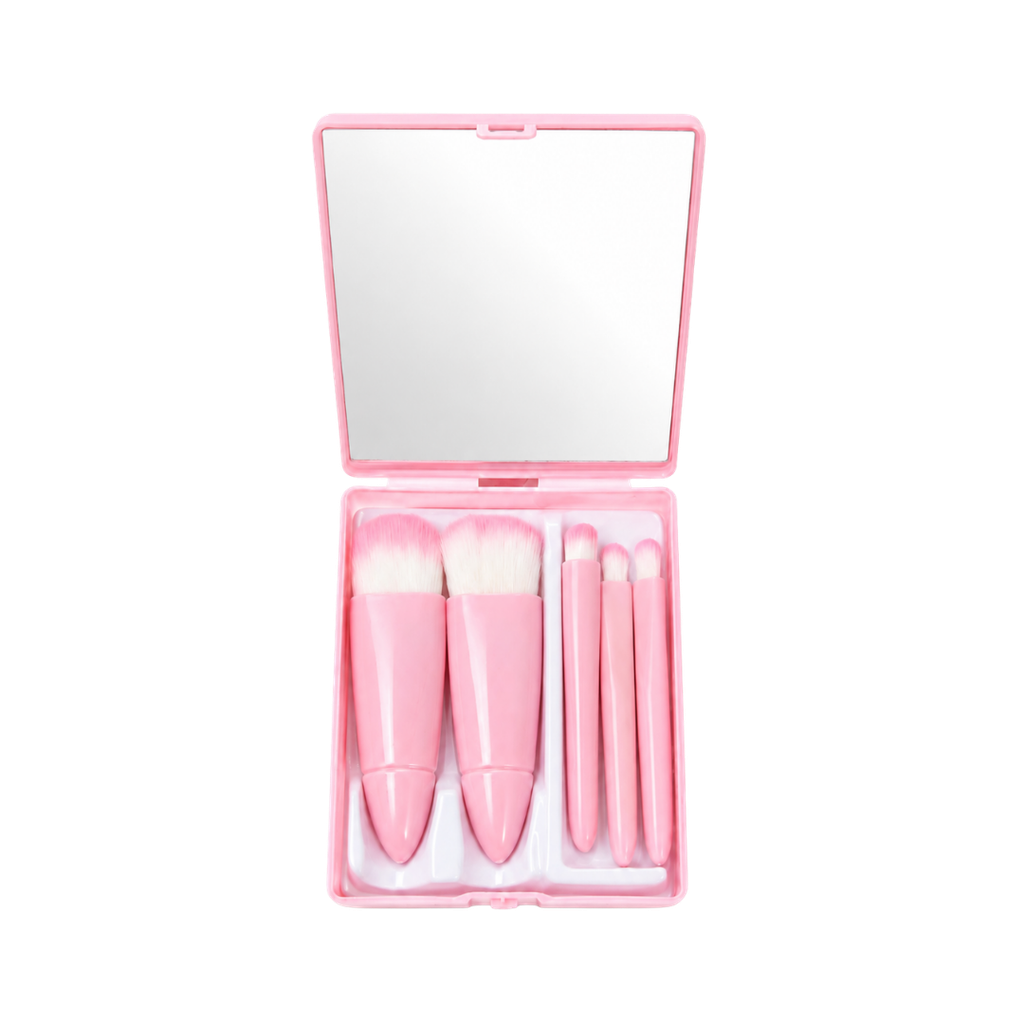 SET DE BROCHAS, PLÁSTICO, ROSADO, 10*7.5 cm, 5 PCS PARA MAQUILLAJE CON ESTUCHE Y ESPEJO