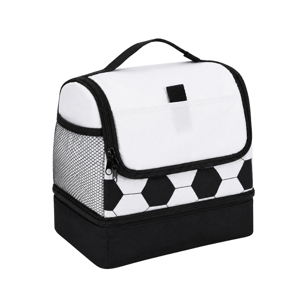 LONCHERA, OXFORD, BLANCO, 25*17*25 cm, SOCCER CON BOLSA BASE NEGRA Y DISEÑO DE PELOTA