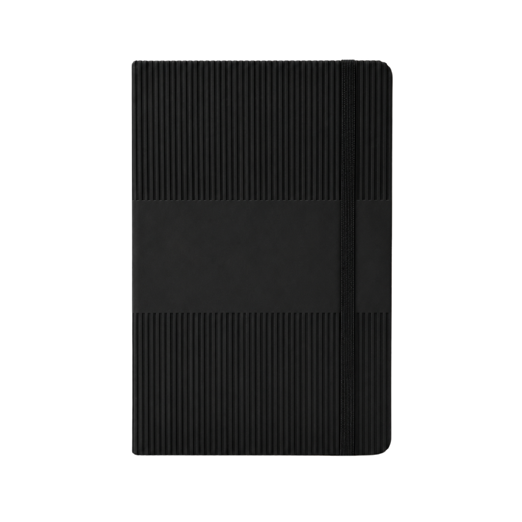 LIBRETA, PAPEL, NEGRO, 14,8 x 21 cm, Ribbed 80 páginas de líneas, 70 gramos 80 con pasta PU, listón y banda elástica