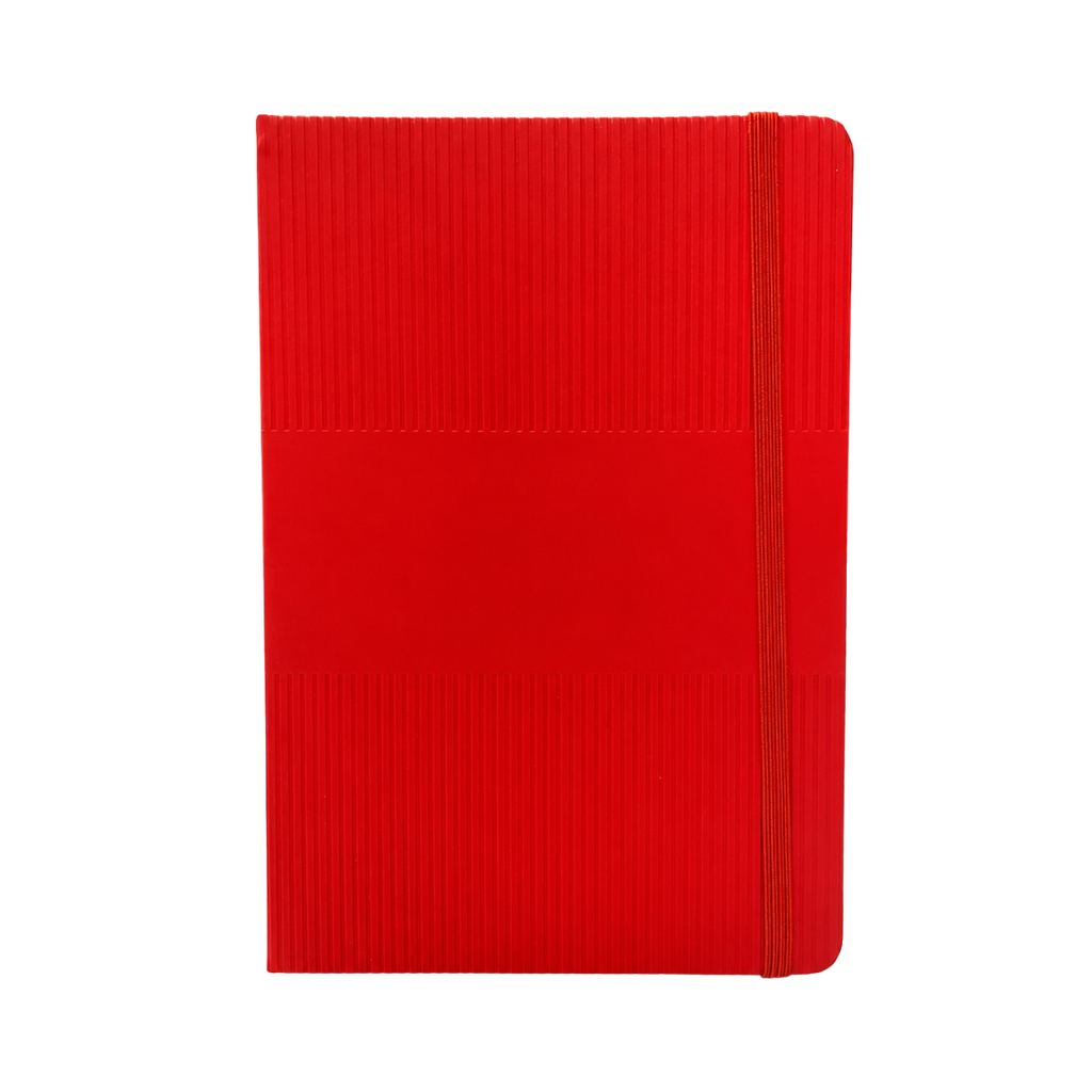 LIBRETA, PAPEL, ROJO, 14,8 x 21 cm, Ribbed 80 páginas de líneas, 70 gramos 80 con pasta PU, listón y banda elástica