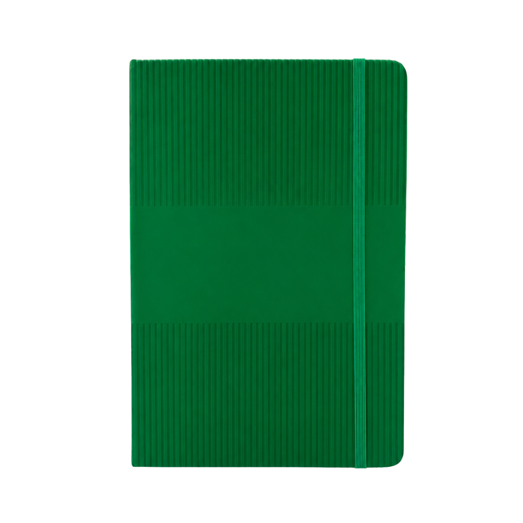 LIBRETA, PAPEL, VERDE, 14,8 x 21 cm, Ribbed 80 páginas de líneas, 70 gramos 80 con pasta PU, listón y banda elástica