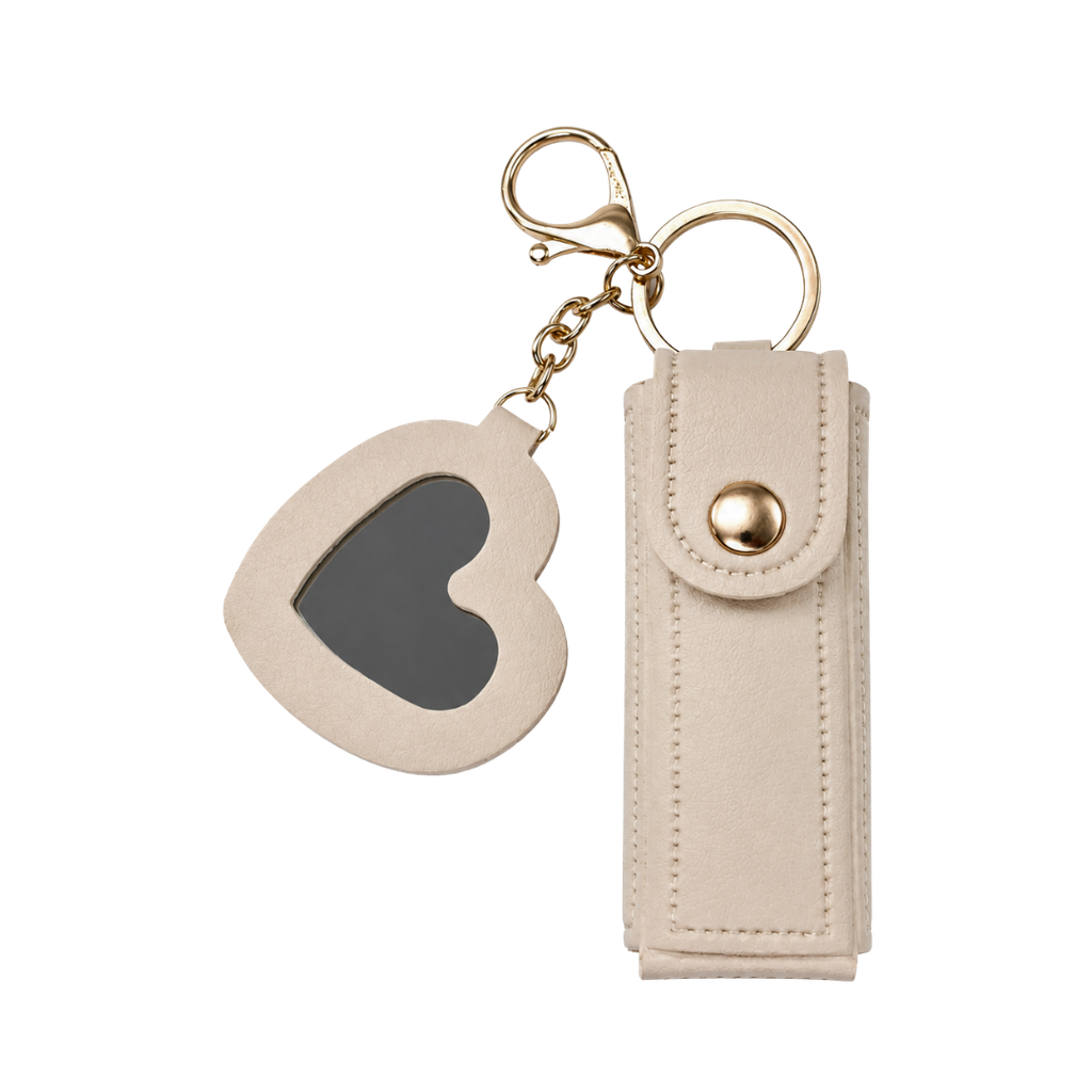 ESTUCHE, IMITACION CUERO, BEIGE, 8*2.5 cm, PARA PINTALABIOS ESTILO LLAVERO CON CORAZÓN