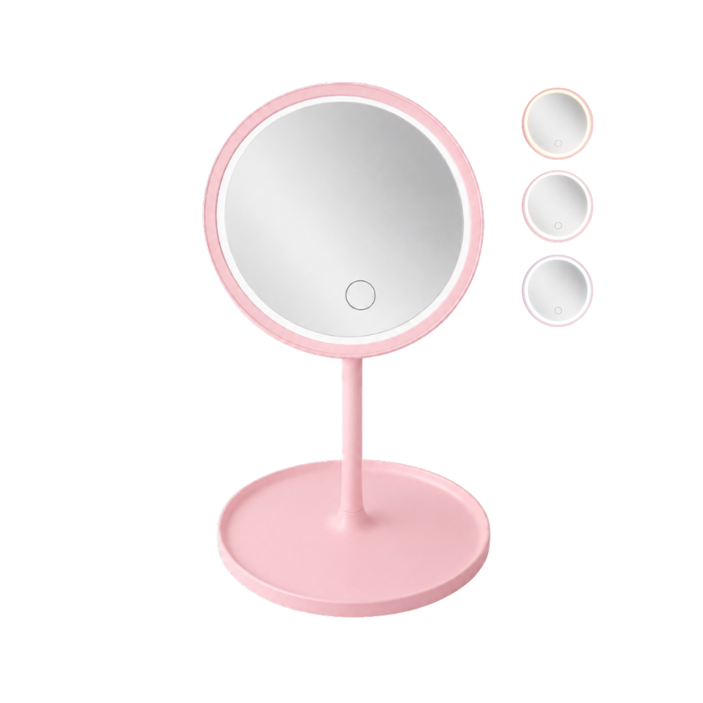 ESPEJO, PLÁSTICO, ROSADO, 18*18*6 cm, REDONDO DE TOCADOR CON LUZ LED