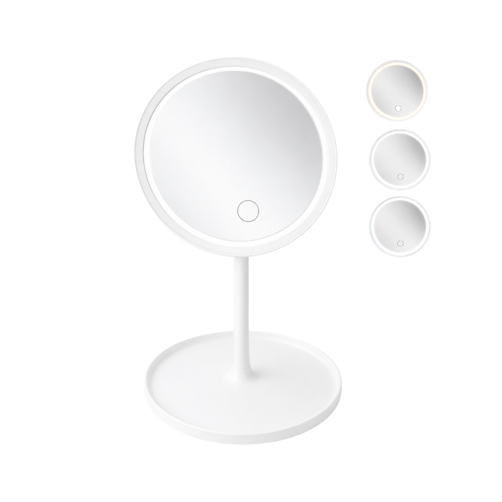 ESPEJO, PLÁSTICO, BLANCO, 18*18*6 cm, REDONDO DE TOCADOR CON LUZ LED