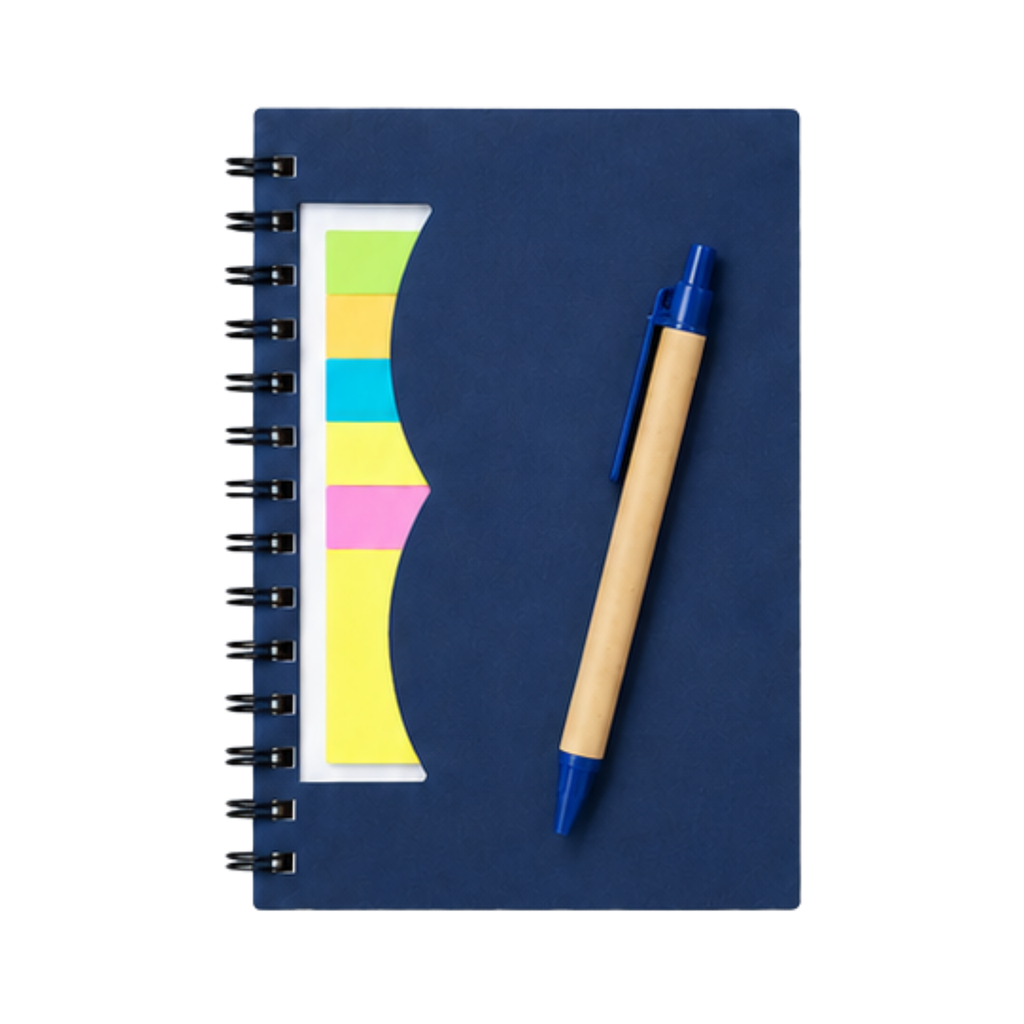 LIBRETA, PAPEL, AZUL OSCURO, Post de espiral con notas adhesivas de colores