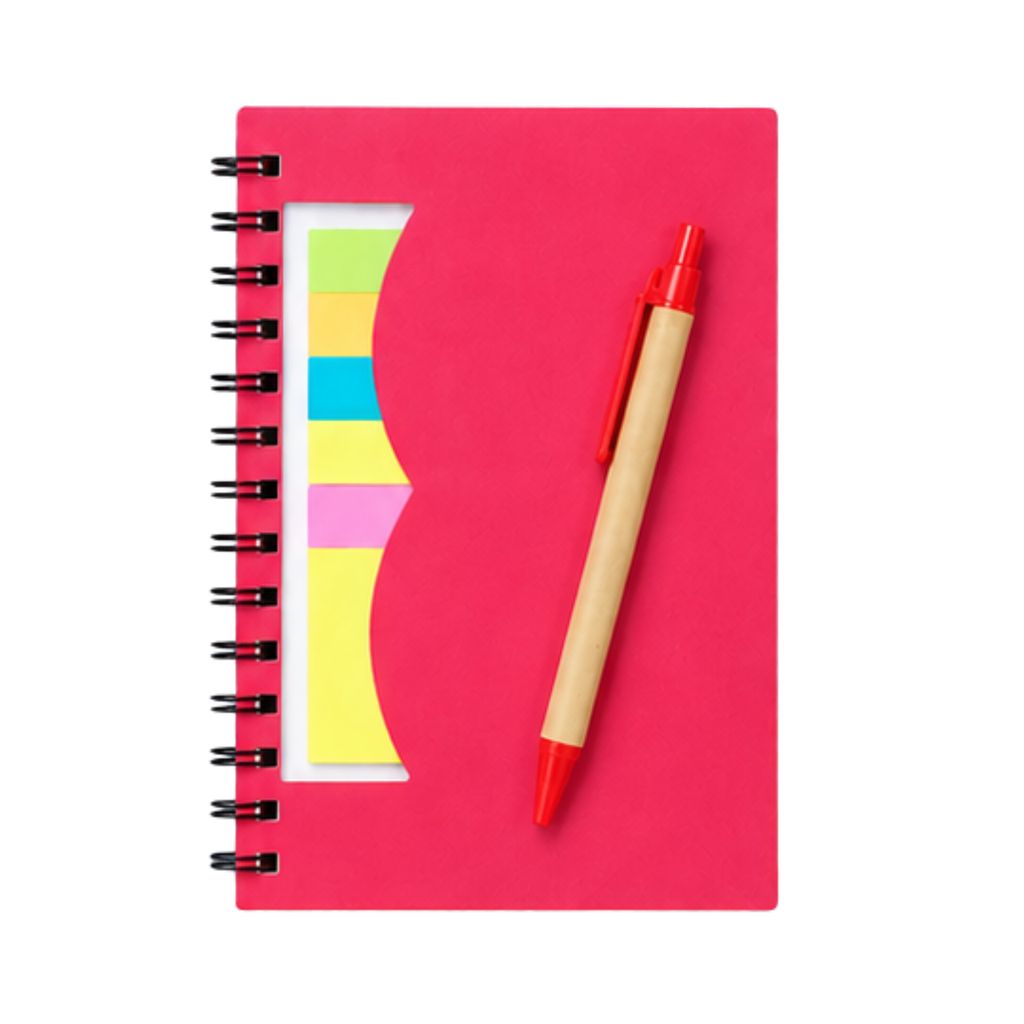 LIBRETA, PAPEL, ROJO, Post de espiral con notas adhesivas de colores