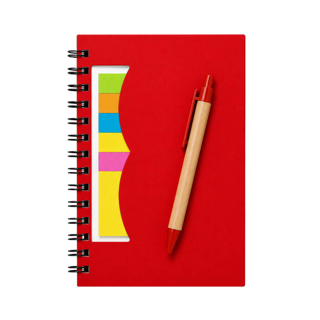 LIBRETA, PAPEL, ROJO, Post de espiral con notas adhesivas de colores