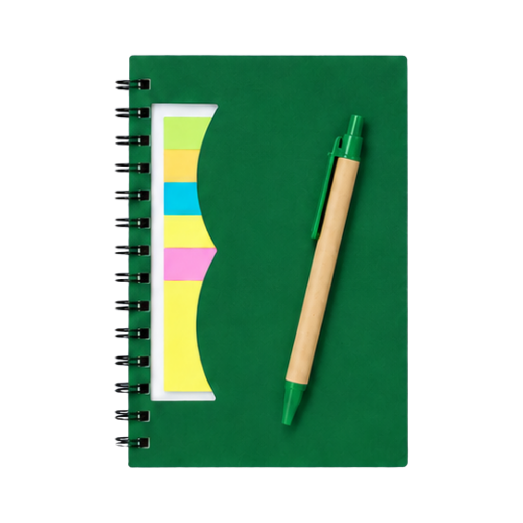 LIBRETA, PAPEL, VERDE, Post de espiral con notas adhesivas de colores