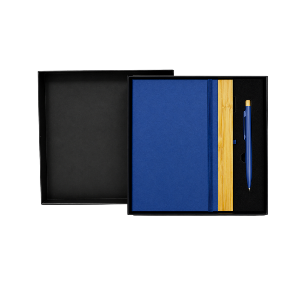 LIBRETA, CARTÓN, AZUL OSCURO, 14,8 x 21 cm, con orilla de bambú y lapicero de acero inoxidable en caja negra de regalo
