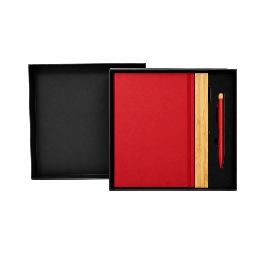 LIBRETA, CARTÓN, ROJO, 14,8 x 21 cm, con orilla de bambú y lapicero de acero inoxidable en caja negra de regalo