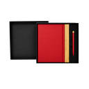 LIBRETA, CARTÓN, ROJO, 14,8 x 21 cm, con orilla de bambú y lapicero de acero inoxidable en caja negra de regalo