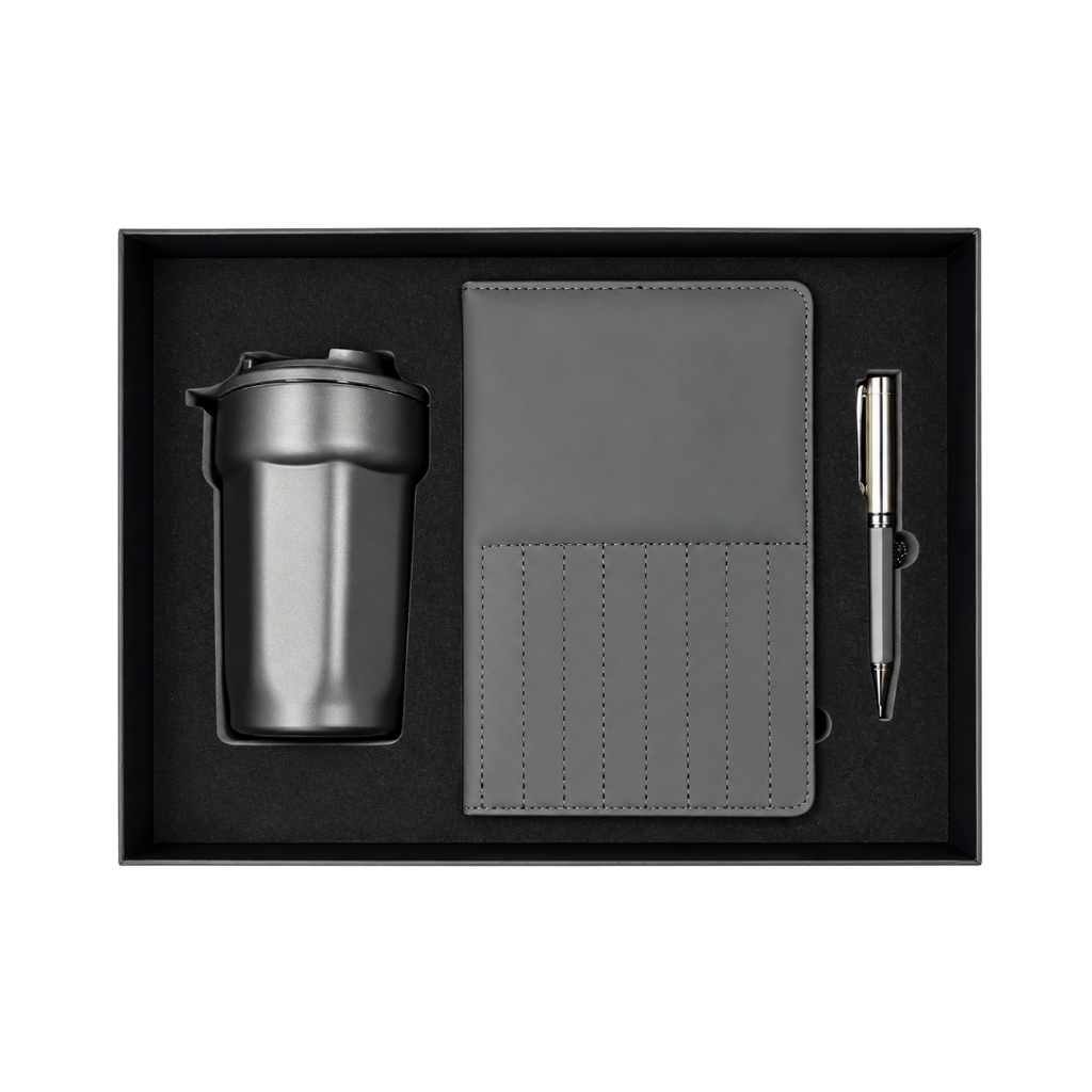 SET EJECUTIVO, ACERO INOXIDABLE, NEGRO, 380 ml, termo doble pared en set con libreta PU A5 y lapicero de metal en caja negra de regalo