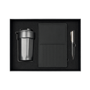 SET EJECUTIVO, ACERO INOXIDABLE, NEGRO, 380 ml, termo doble pared en set con libreta PU A5 y lapicero de metal en caja negra de regalo