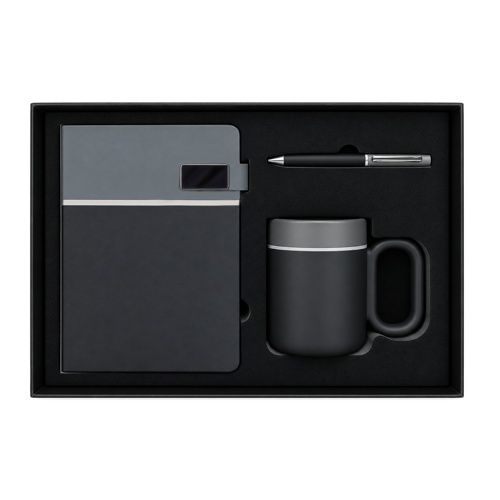 SET EJECUTIVO, CERÁMICA, NEGRO, 480 ml, Double de taza en set con agenda PU A5 y lapiceros de metal de cenefa gris en caja negra de regalo