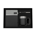 SET EJECUTIVO, CERÁMICA, NEGRO, 480 ml, Double de taza en set con agenda PU A5 y lapiceros de metal de cenefa gris en caja negra de regalo
