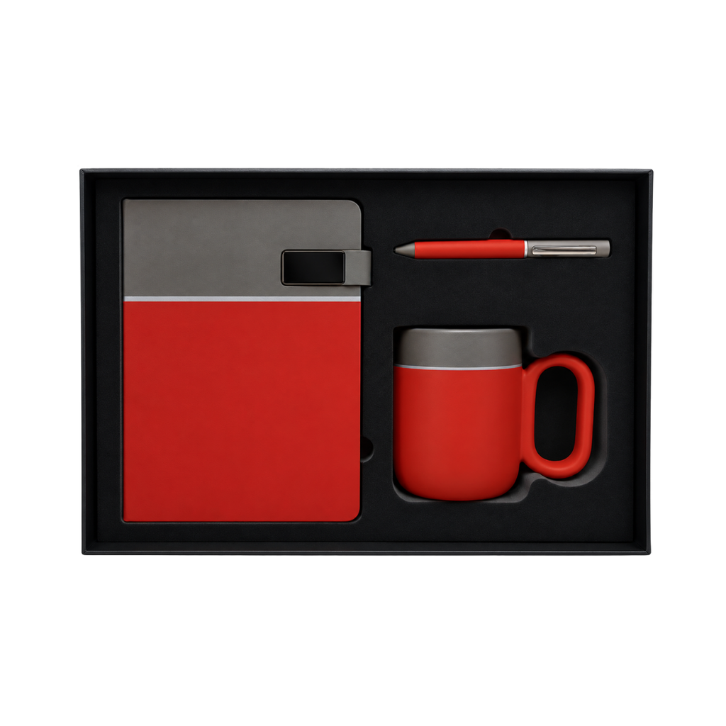 SET EJECUTIVO, CERÁMICA, ROJO, 480 ml, Double de taza en set con agenda PU A5 y lapiceros de metal de cenefa gris en caja negra de regalo