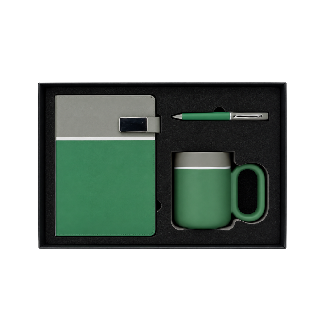SET EJECUTIVO, CERÁMICA, VERDE, 480 ml, Double de taza en set con agenda PU A5 y lapiceros de metal de cenefa gris en caja negra de regalo