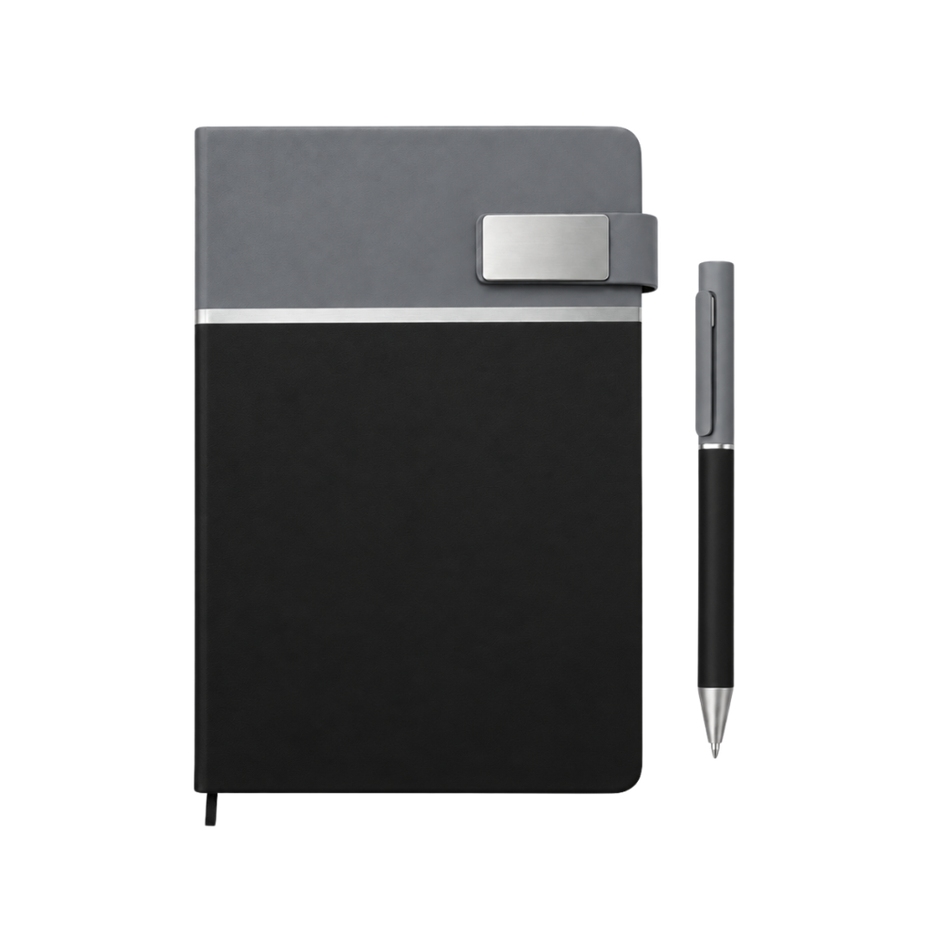 LIBRETA, PU, NEGRO, 14,8 x 21 cm, Double 80 hojas 70 g. a líneas cierre magnético y cenefa gris con lapicero