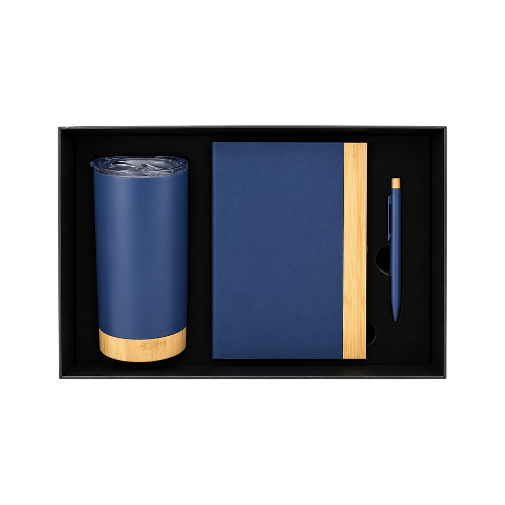 SET EJECUTIVO, ACERO INOXIDABLE, AZUL OSCURO, 470 ml, Bullet de vaso doble pared con base de bambú, agenda con orilla y lapicero de acero inoxidable con top
