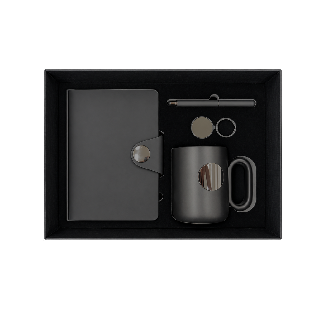 SET EJECUTIVO, ACERO INOXIDABLE, NEGRO, 480 ml, Point de taza con círculo de acero, libreta PU A5, lapicero de metal y llavero redondo