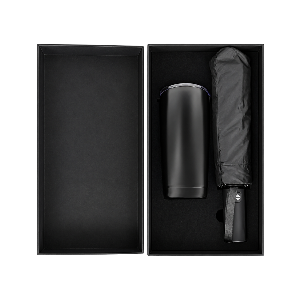 SET EJECUTIVO, ACERO INOXIDABLE, NEGRO, 600 ml, 2 pcs: vaso doble pared Quad y sombrilla automática