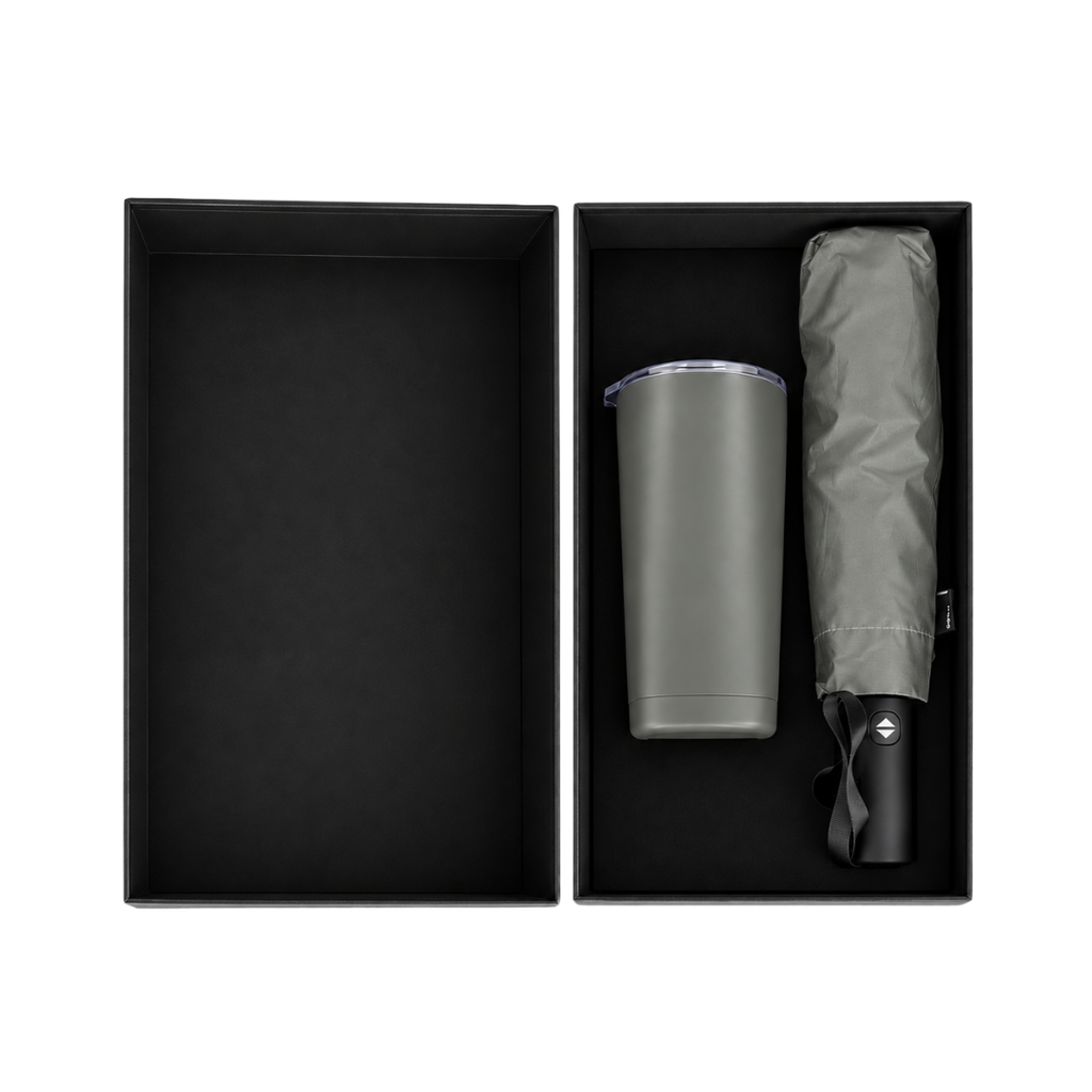 SET EJECUTIVO, ACERO INOXIDABLE, GRIS, 600 ml, 2 pcs: vaso doble pared Quad y sombrilla automática