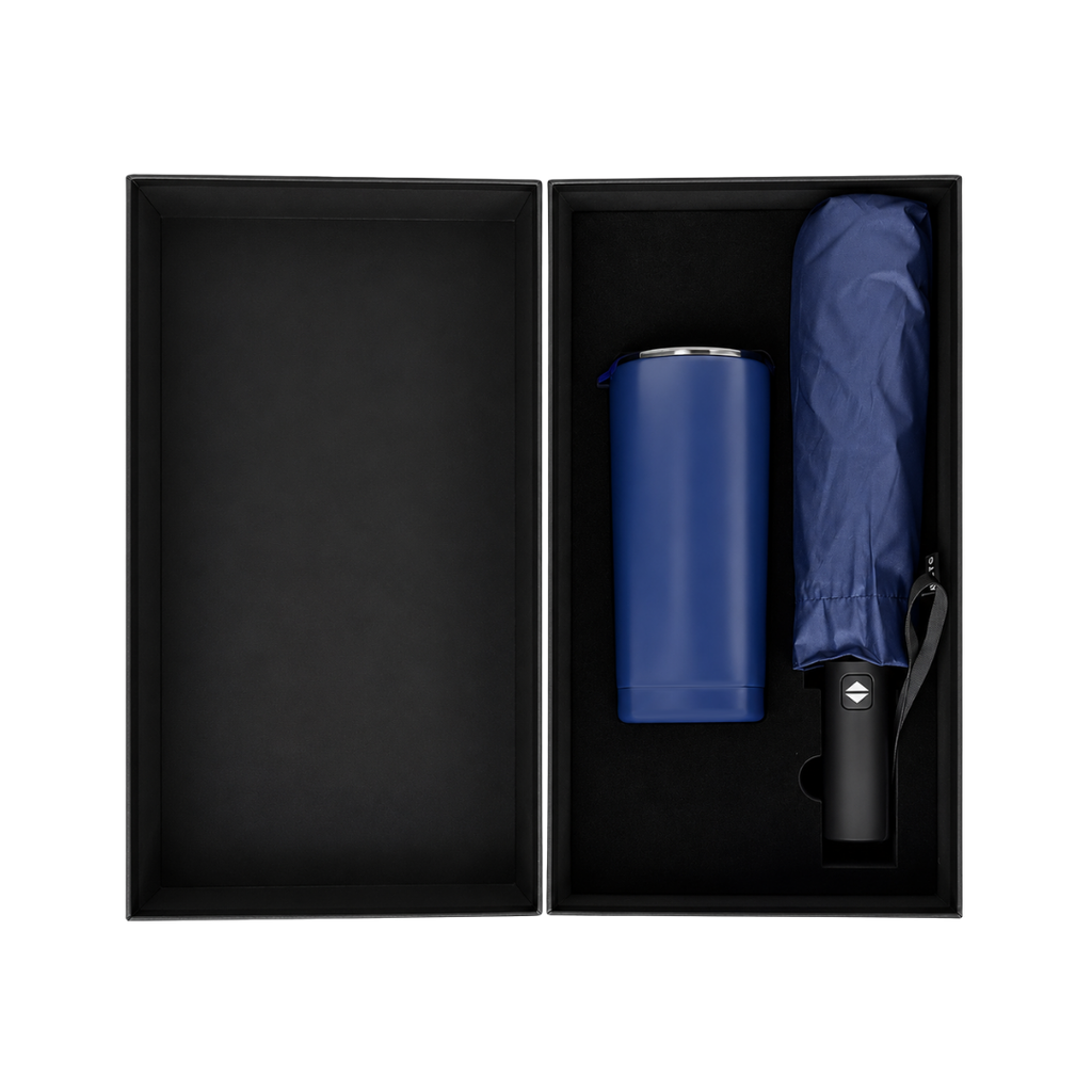 SET EJECUTIVO, ACERO INOXIDABLE, AZUL OSCURO, 600 ml, 2 pcs: vaso doble pared Quad y sombrilla automática