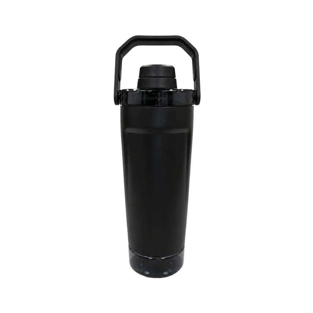 SHAKER, ACERO INOXIDABLE, NEGRO, 600 ml, doble pared 26.3*7.4*6.4cm con compartimiento inferior para proteina, leche en polvo u otros y tapón tipo rosca