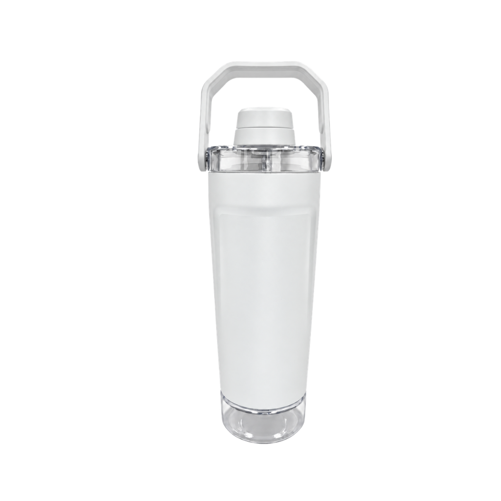 SHAKER, ACERO INOXIDABLE, BLANCO, 600 ml, doble pared 26.3*7.4*6.4cm con compartimiento inferior para proteina, leche en polvo u otros y tapón tipo rosca