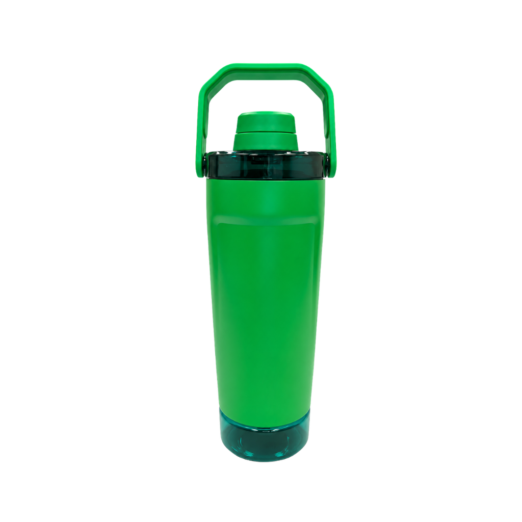 SHAKER, ACERO INOXIDABLE, VERDE, 600 ml, doble pared 26.3*7.4*6.4cm con compartimiento inferior para proteina, leche en polvo u otros y tapón tipo rosca