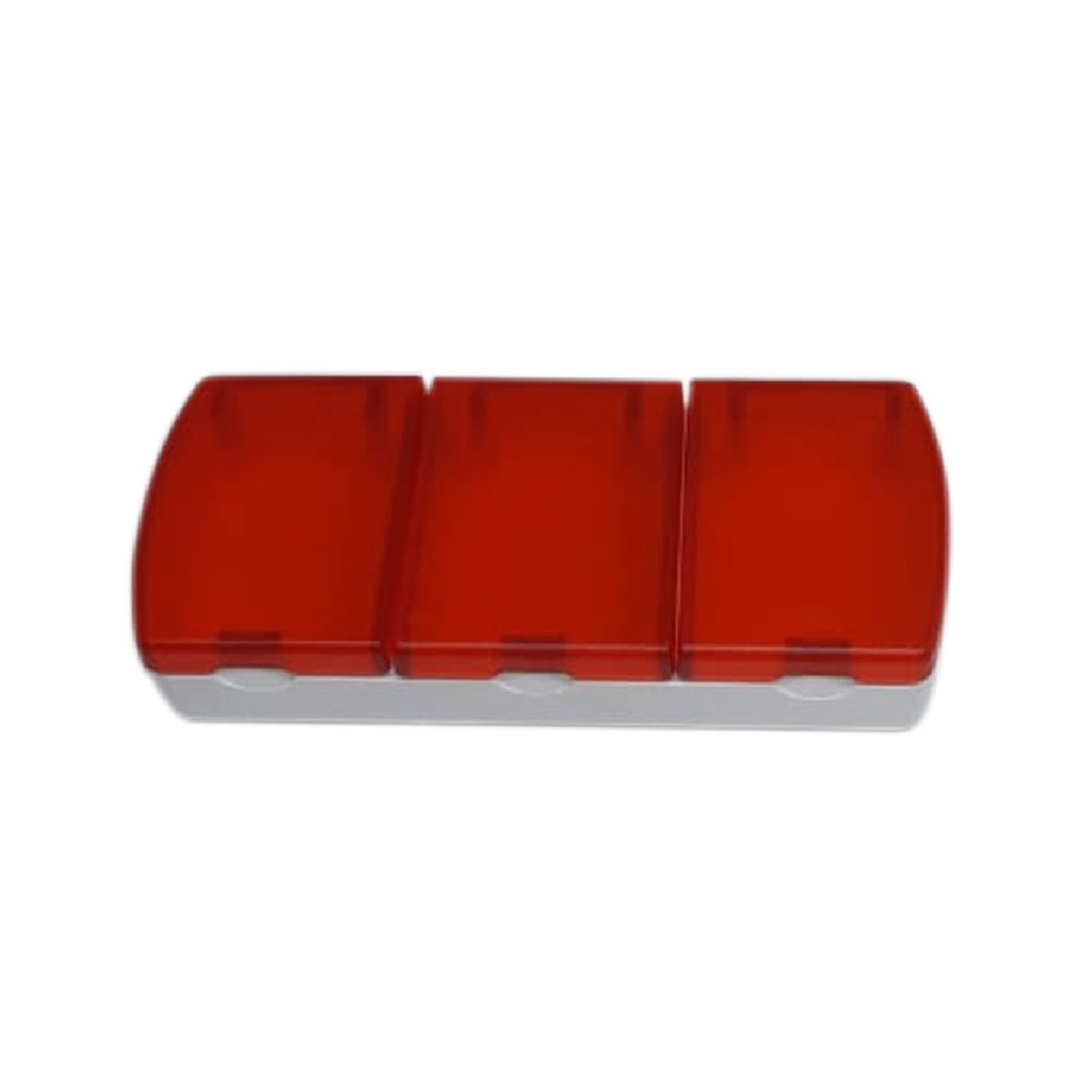 pastillero, plástico, rojo, 8*3.4*1.5 cm , 3 compartimientos base blanca