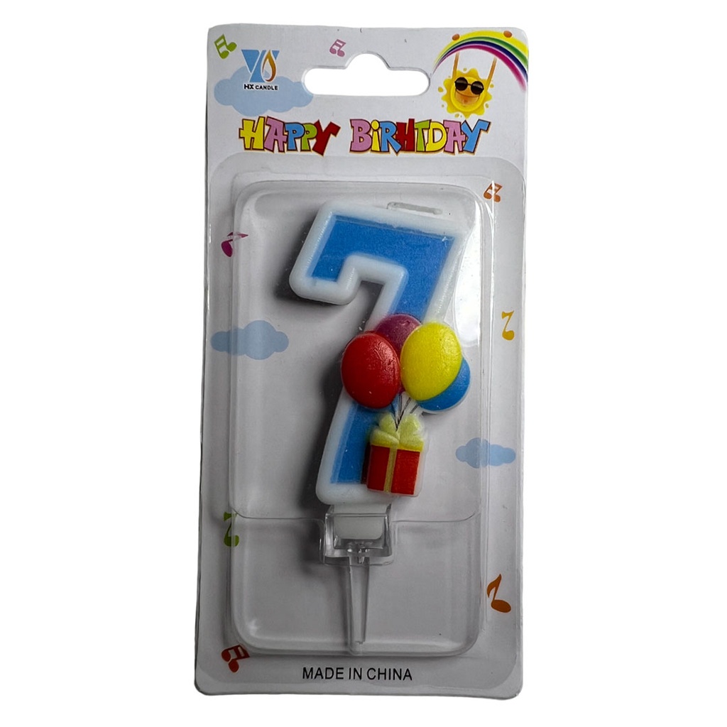 vela, , azul, 8*14.5 centimetros, numero 7 con globos