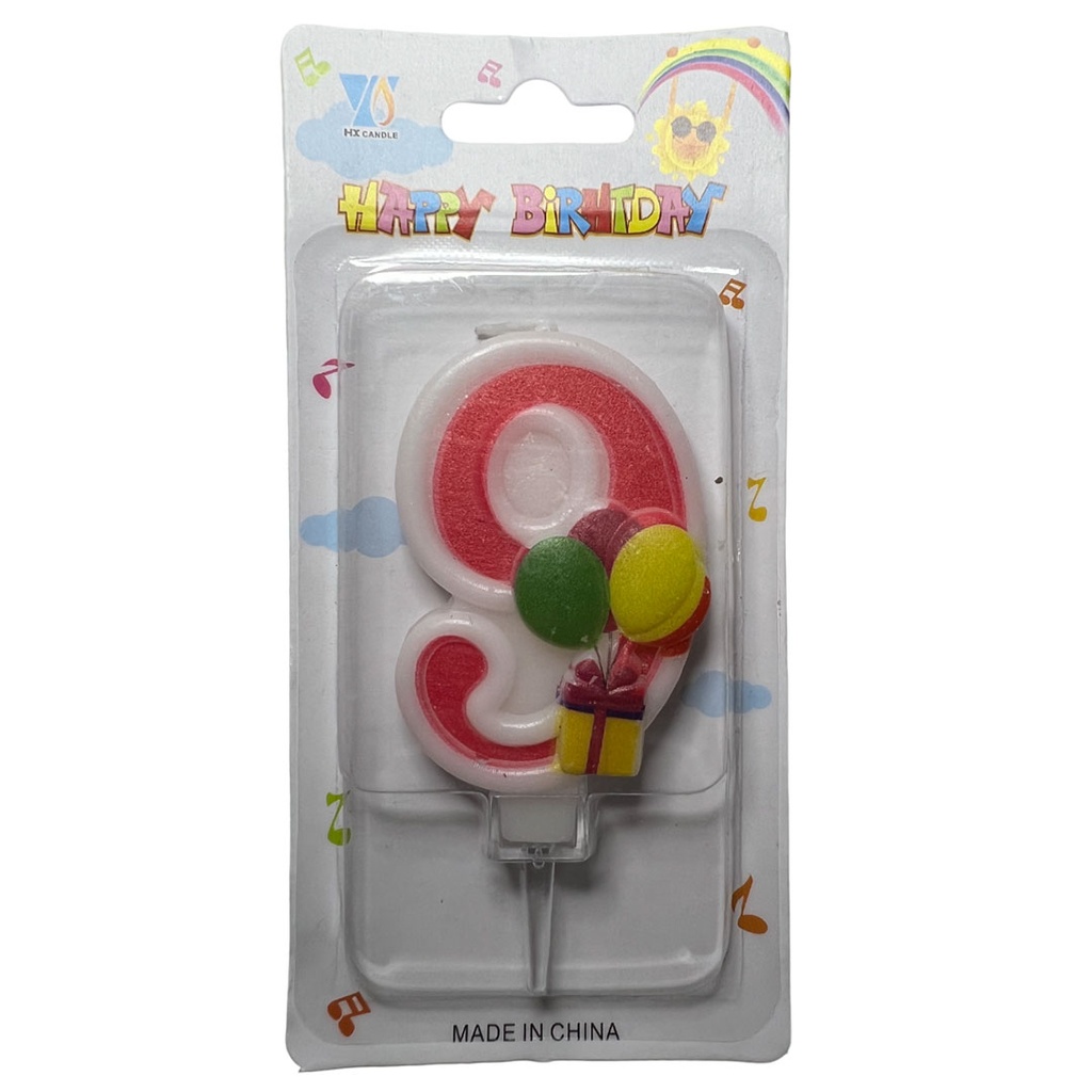 vela, , rosado, 8*14.8 centimetros, numero 9 con globos