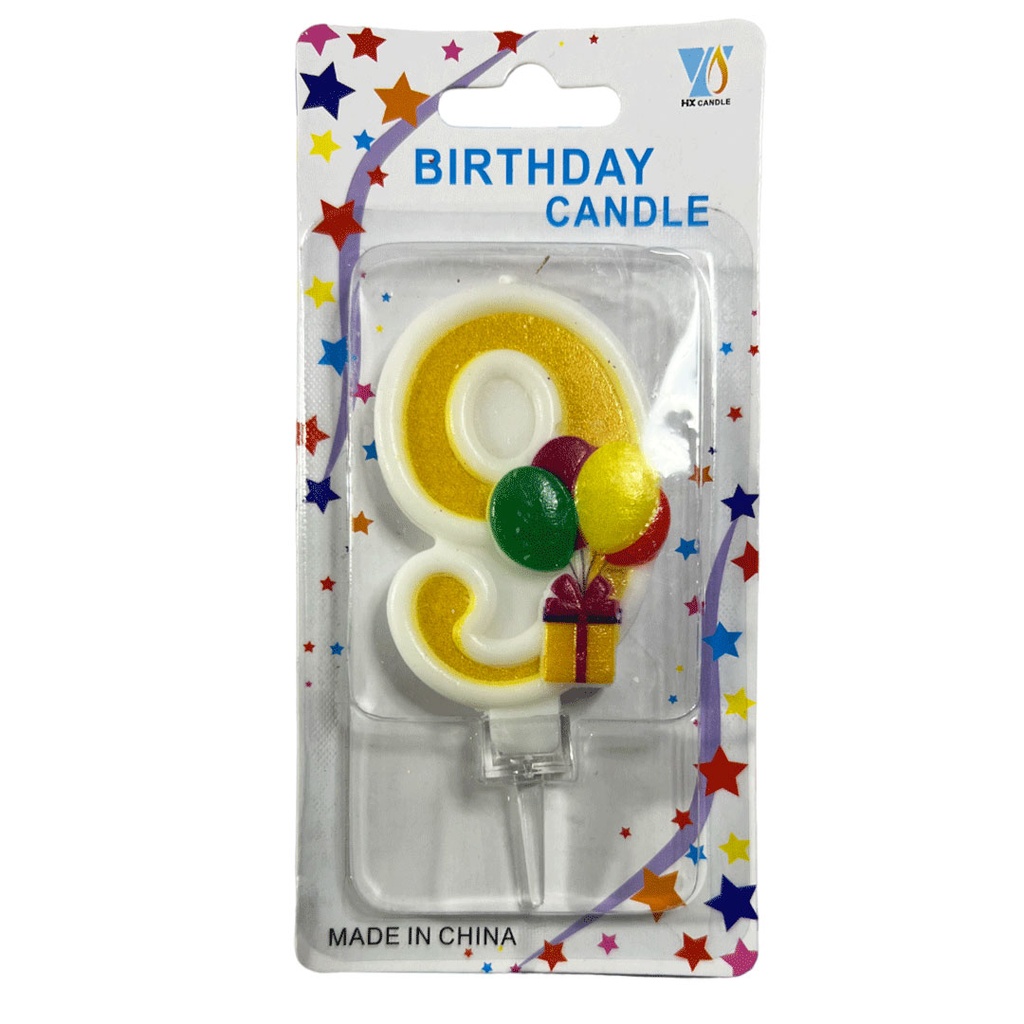 vela, , amarillo, 8*14.5 centimetros, numero 9 con globos