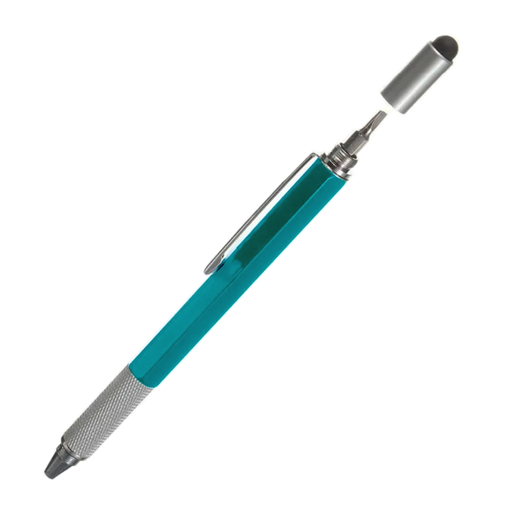 lapicero tool 5 en 1, metal, celeste, 15.5 cm con touch , nivel desarmador y regla