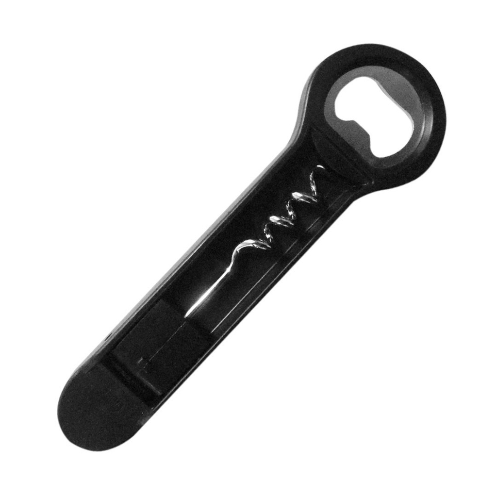 destapador, plástico, negro, 14.7x4.4x1.3 centimetros, con sacacorchos