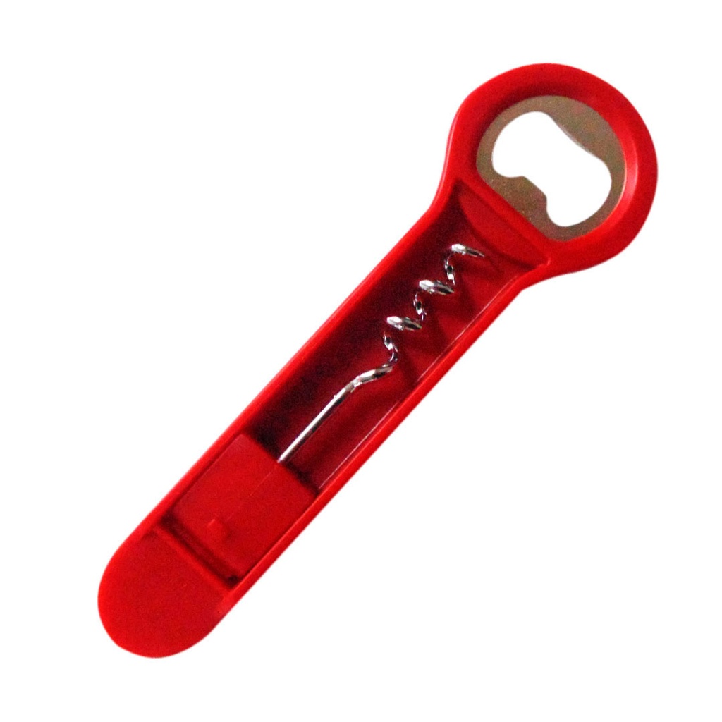 destapador, plástico, rojo, 14.7x4.4x1.3 centimetros, con sacacorchos