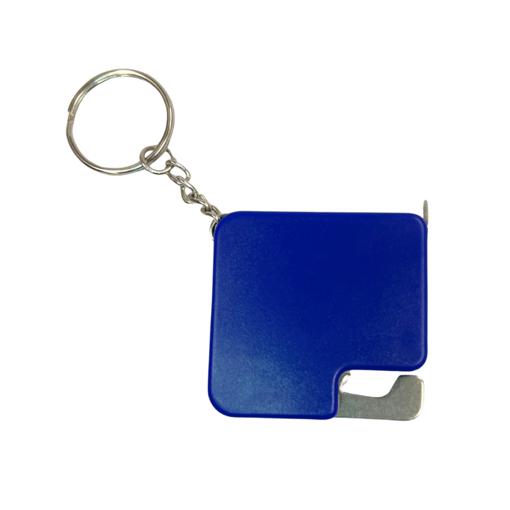 llaveros, plástico, azul, 4.5*4.5 cm centimetros, con destapador y metro (1 m)
