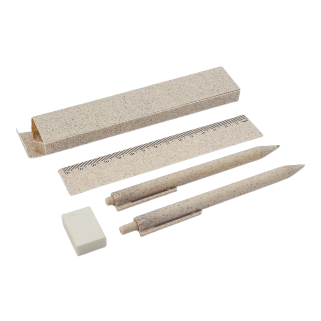 juego de lapicero, , blanco, regla y portaminas , de fibra de trigo y borrador en caja