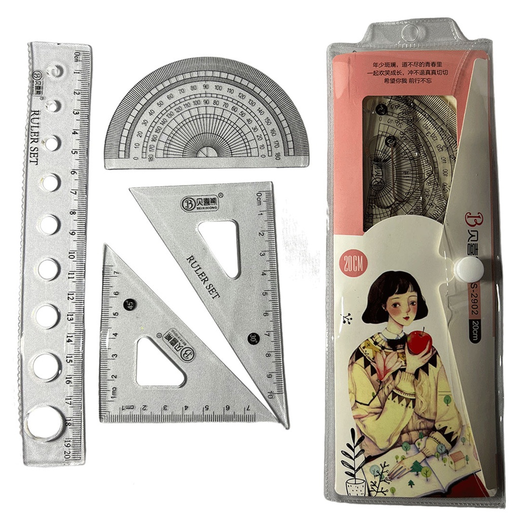 set de 4 reglas, plástico, transparente, 20 centimetros, para geometria