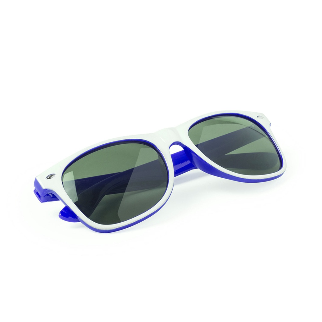 lentes, plástico, azul reflex, 14.5*4.8cm centimetros, para sol , con patas blancas