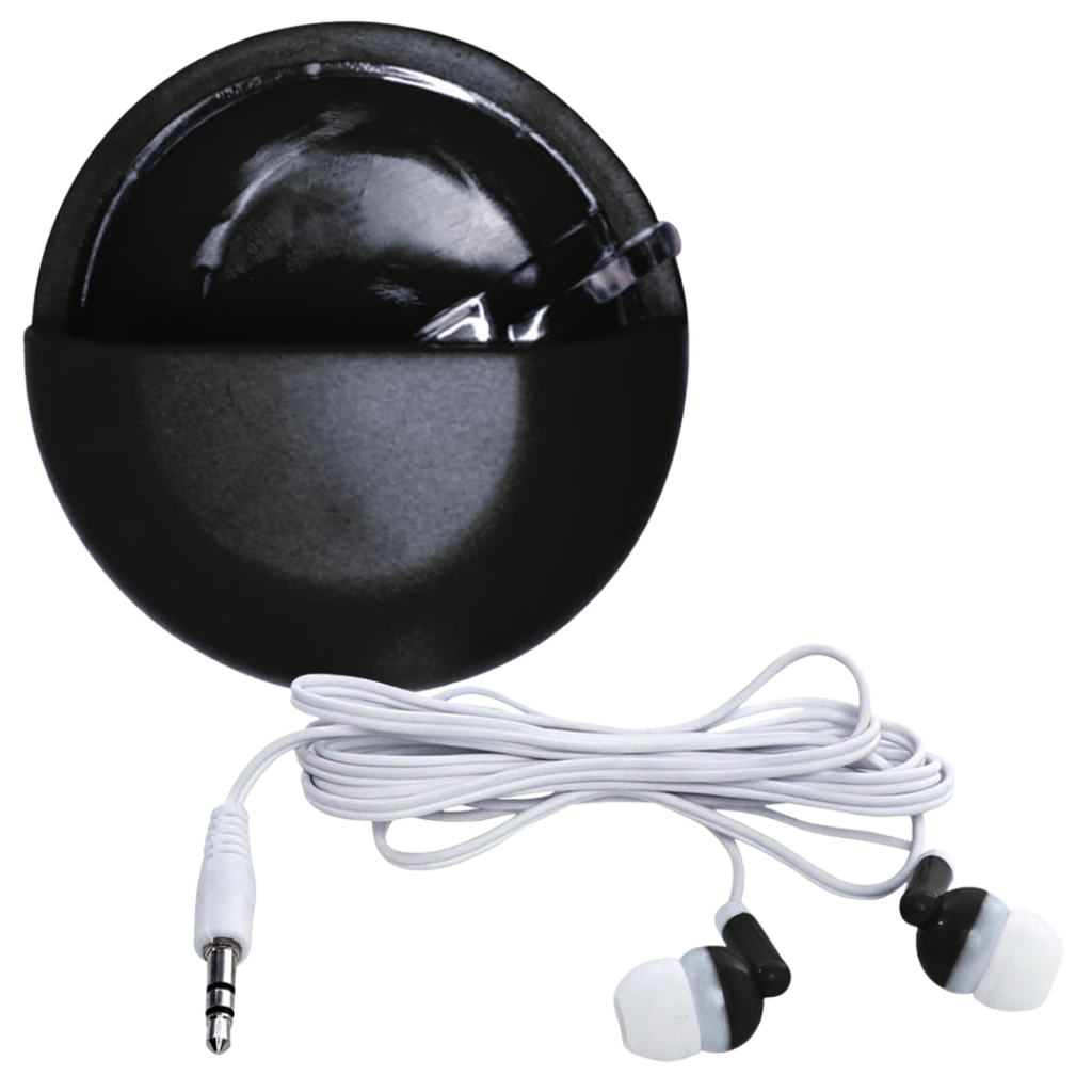 audifono en caja meda luna, plástico, negro, 7*3 centimetros,