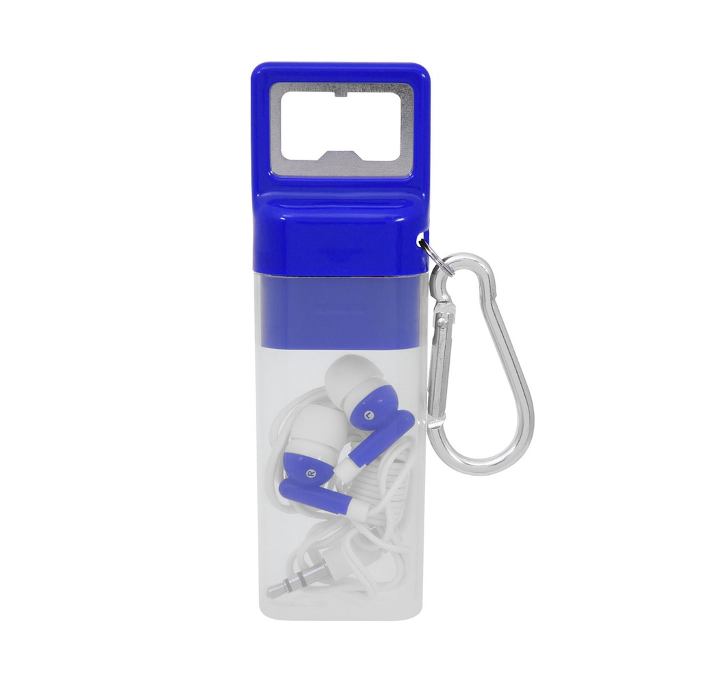 audifonos, plástico, azul reflex, 12*3.7*2 centimetros, en estuche con destapador y arnés