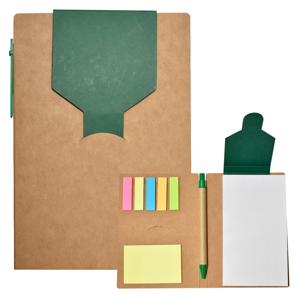 libretas, ecologica de carton, verde, 11*15 centimetros, con lapicero y notas adhesivas