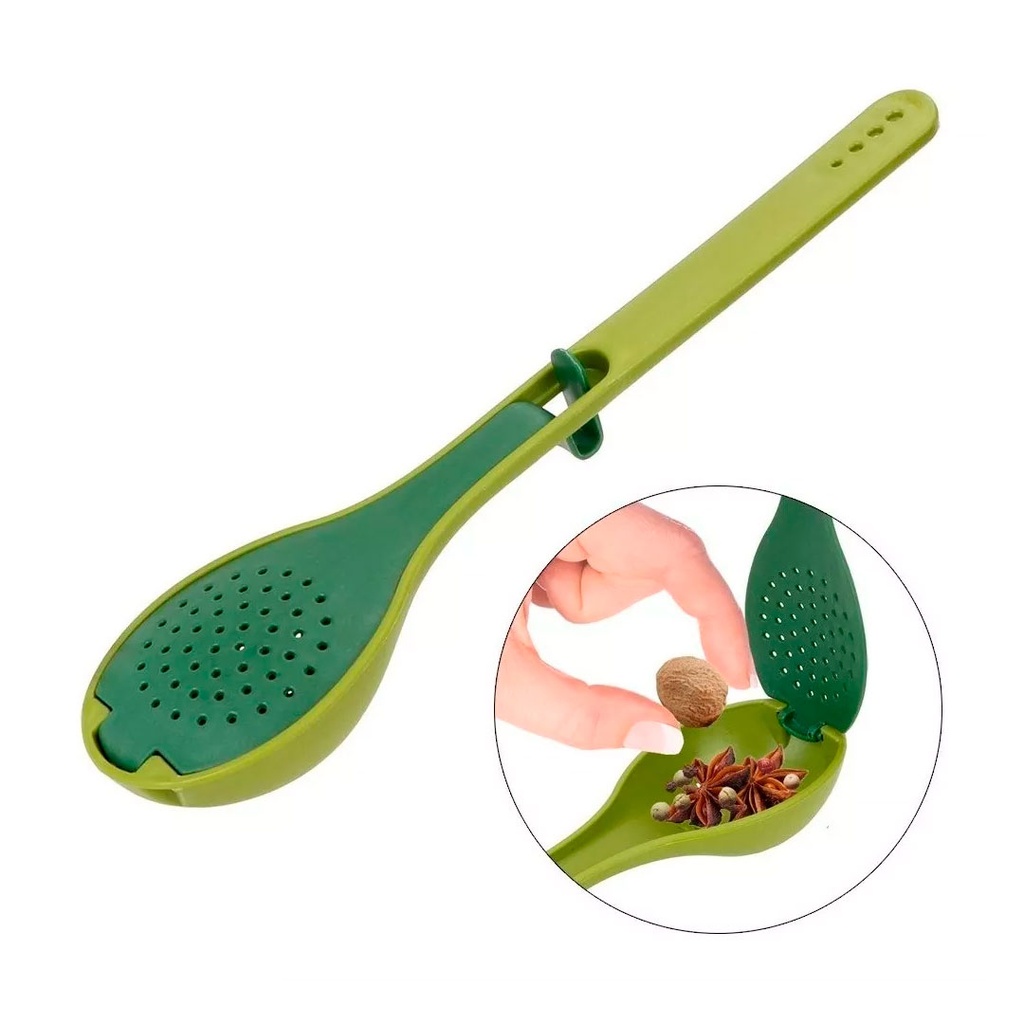 cuchara, plástico, verde, 27*6*5 centimetros, con colador